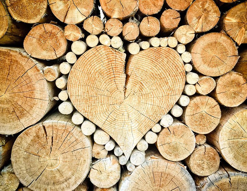 A heart made out of wood with many logs around it.