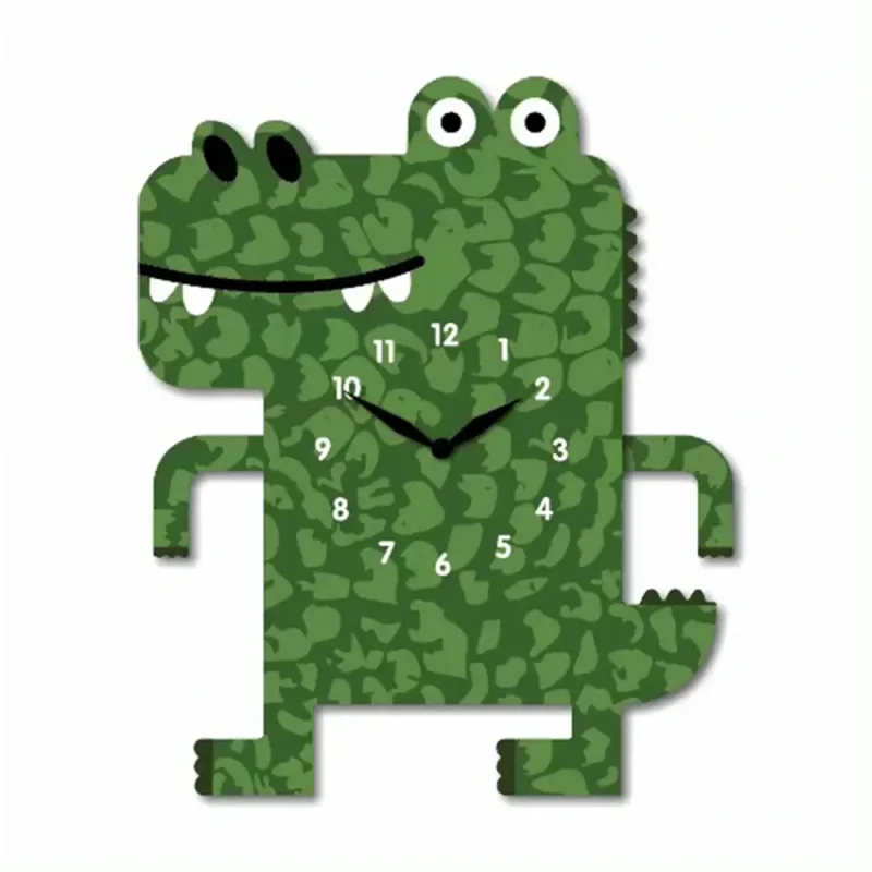 A green alligator clock with numbers on it's face.