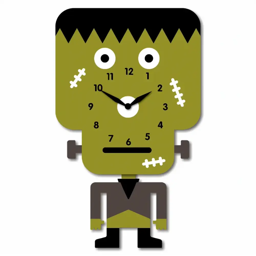 A clock shaped like frankenstein with eyes and mouth.