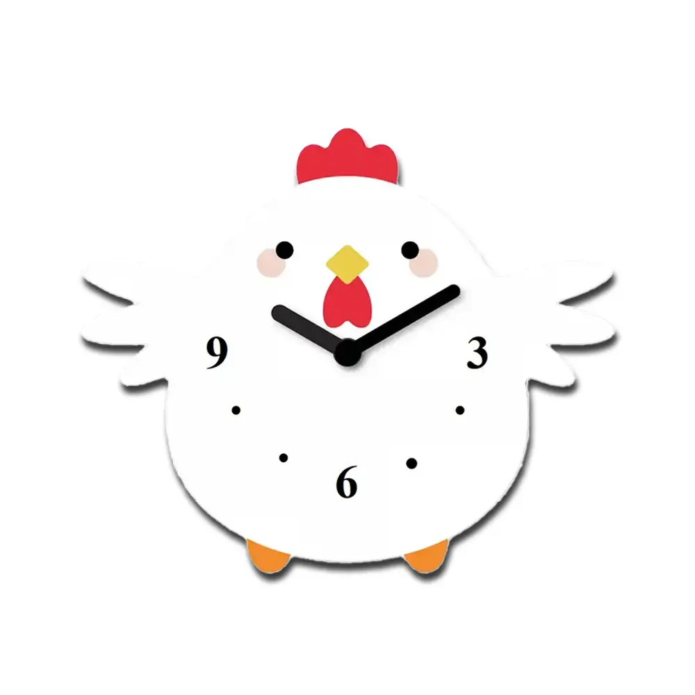 A white clock with an image of a chicken.