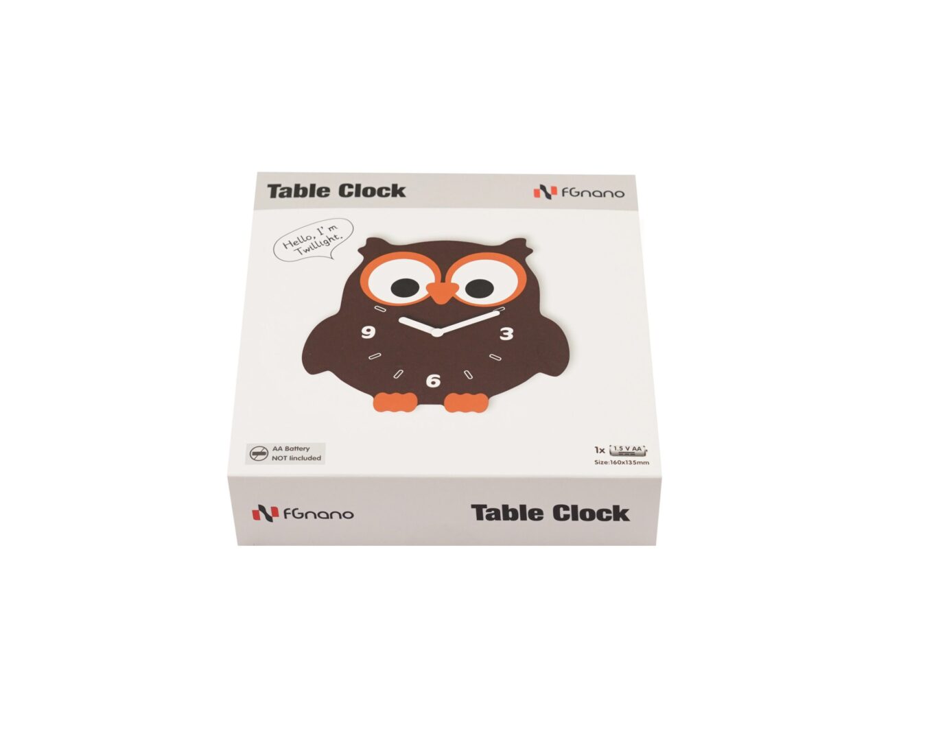 A box of an owl clock sitting on top of a table.