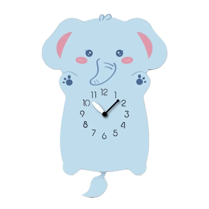 A blue elephant clock with hands and feet.