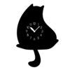 A black cat clock sitting on the floor.