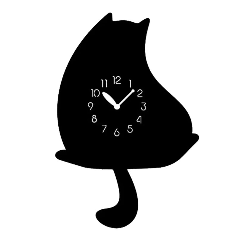 A black cat clock sitting on the floor.