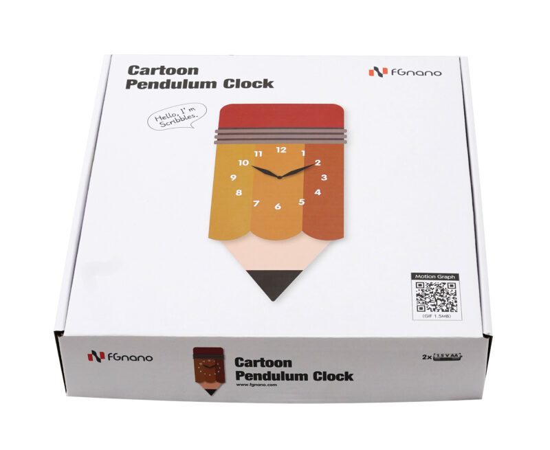 A box with a pencil shaped clock sitting on top of it.