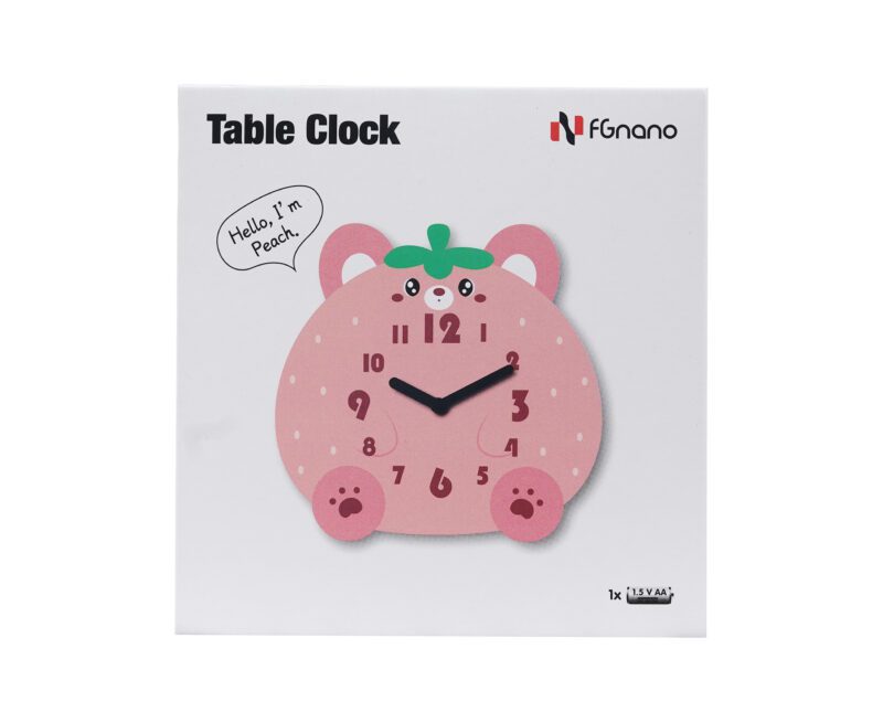 A pink table clock with the words " i 'm back " on it.