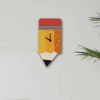 A clock made out of pencils hanging on the wall.