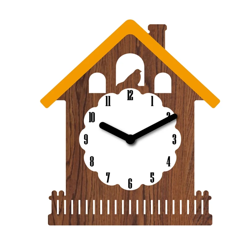 A wooden clock with a fence around it