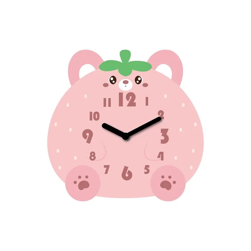 A pink clock with numbers and hands on it.