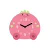 A pink clock with a face that has numbers on it.