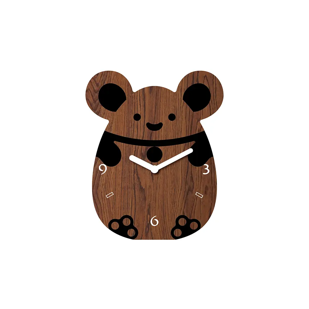 A wooden clock with a mouse on it.