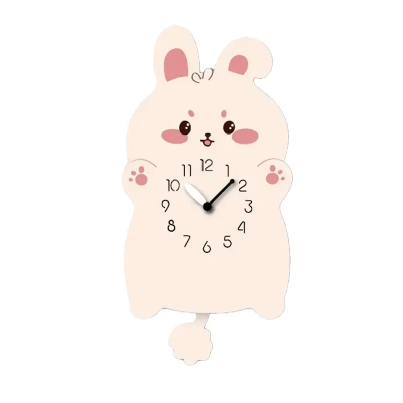 A white rabbit clock with pink ears and hands.