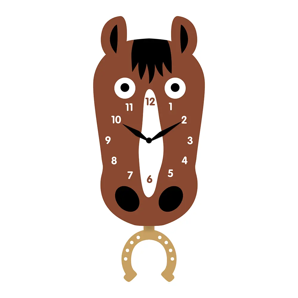 A brown horse clock with the face of a horse.