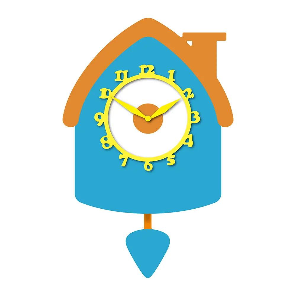 A cuckoo clock with an orange and blue design.