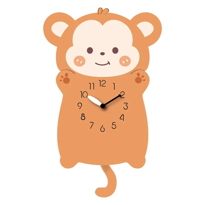 A monkey clock with hands and numbers on it.