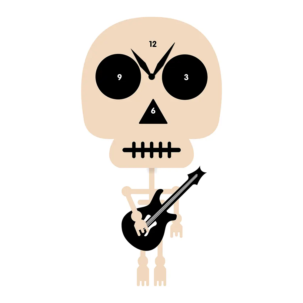 A skeleton with a guitar on its back.