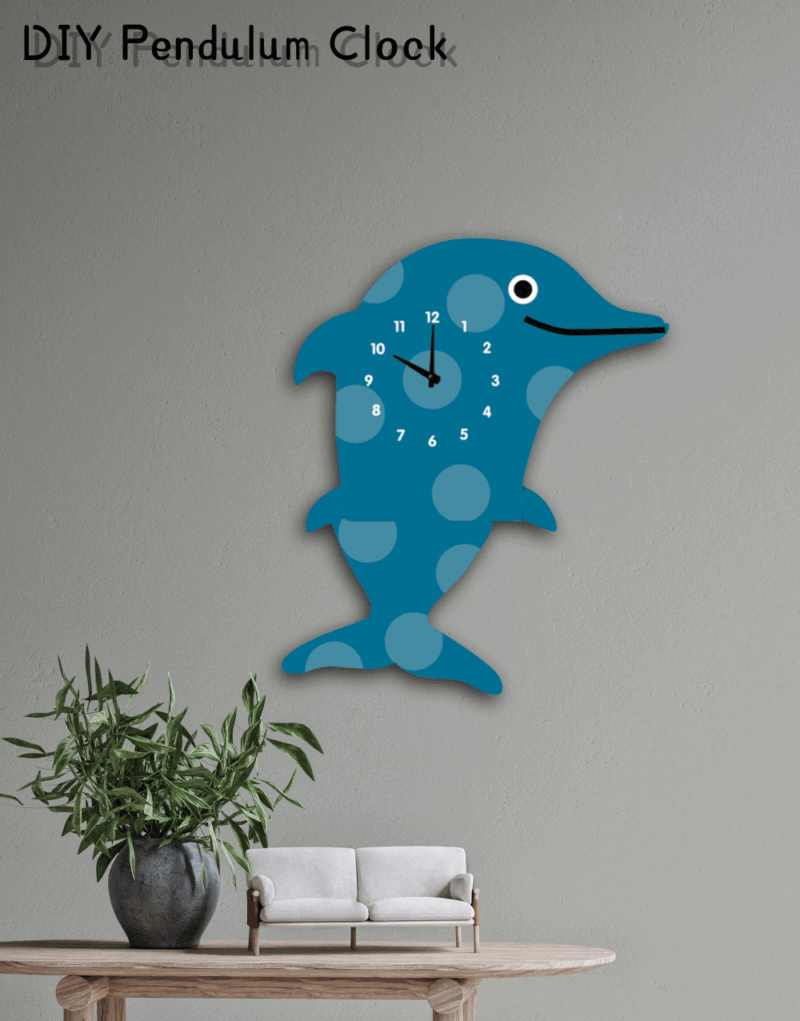 A blue dolphin clock hanging on the wall.